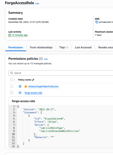 JSON 정책 문서가 포함된 권한 정책을 보여주는 ForgeAccessRole 세부 정보 페이지.