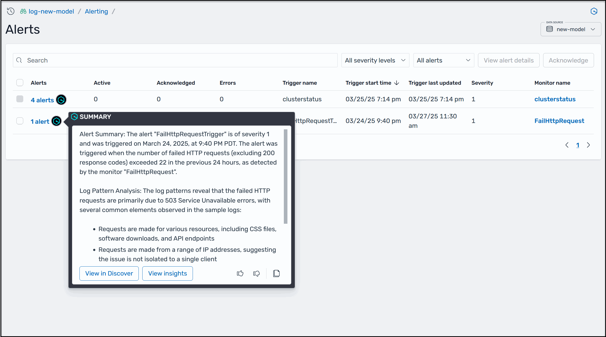 OpenSearch Service의 AI Assistant 알림 요약 예제입니다.