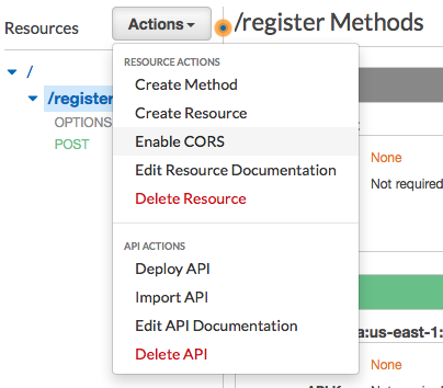 작업의 드롭다운 메뉴에 CORS 활성화가 선택되었음을 표시합니다.