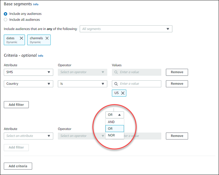 두 기준 그룹 간의 관계를 설정하는 데 사용된 관계 커넥터입니다.