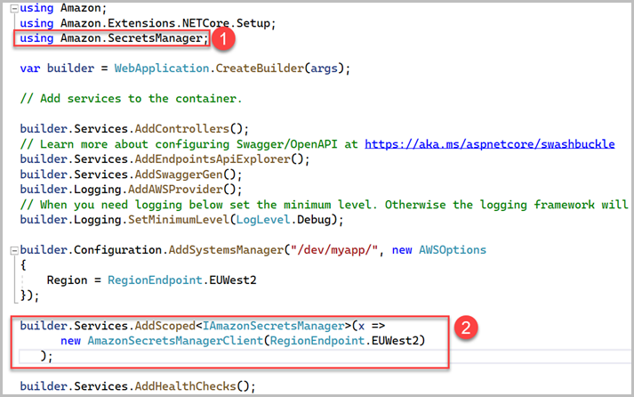 Secrets Manager에 액세스하기 위한 Program.cs 파일 변경 사항