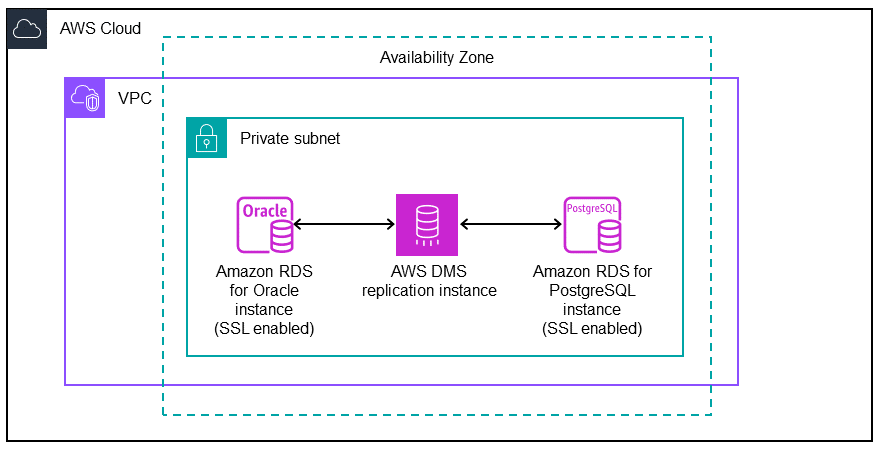 RDS for Oracle과 AWS DMS 간, 그리고 AWS DMS와 RDS for PostgreSQL 간에 이동하는 데이터.