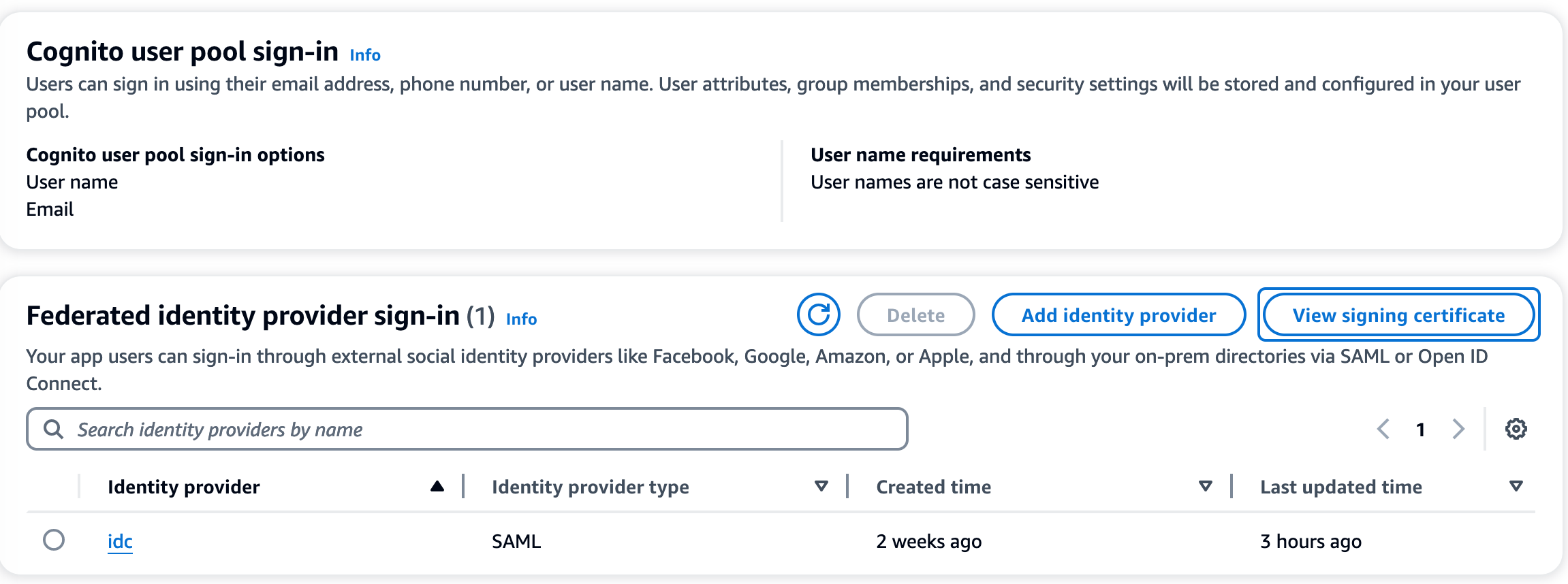 선택한 사용자 풀에 대한 페더레이션 자격 증명 공급자 로그인 섹션의 서명 인증서 보기 버튼이 있는 Amazon Cognito 콘솔입니다.