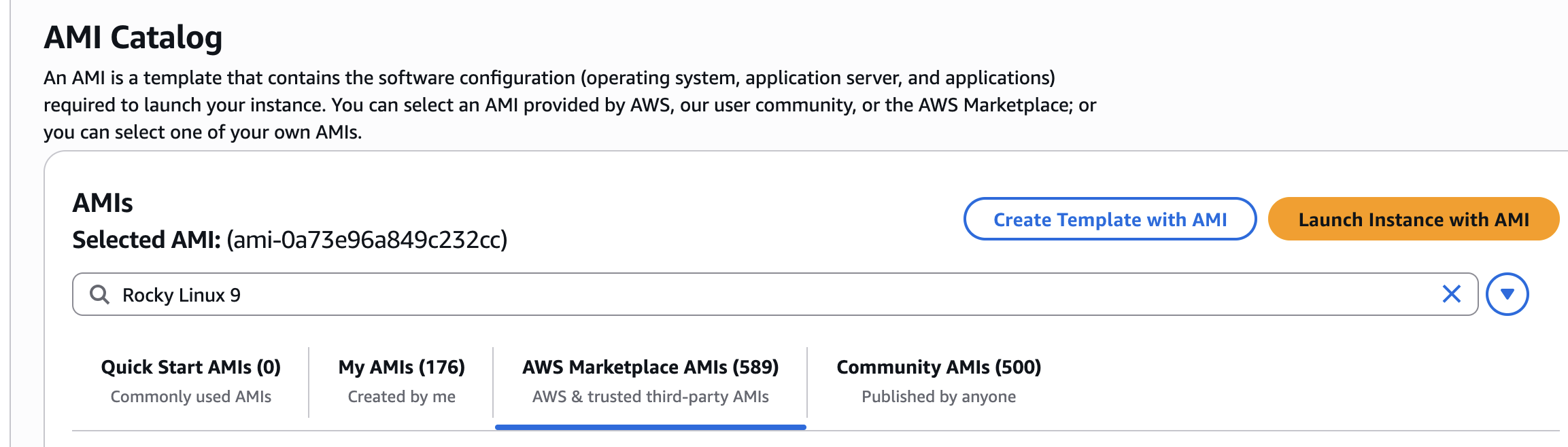 AMI catalog interface showing selected AMI and options to create template or launch instance.