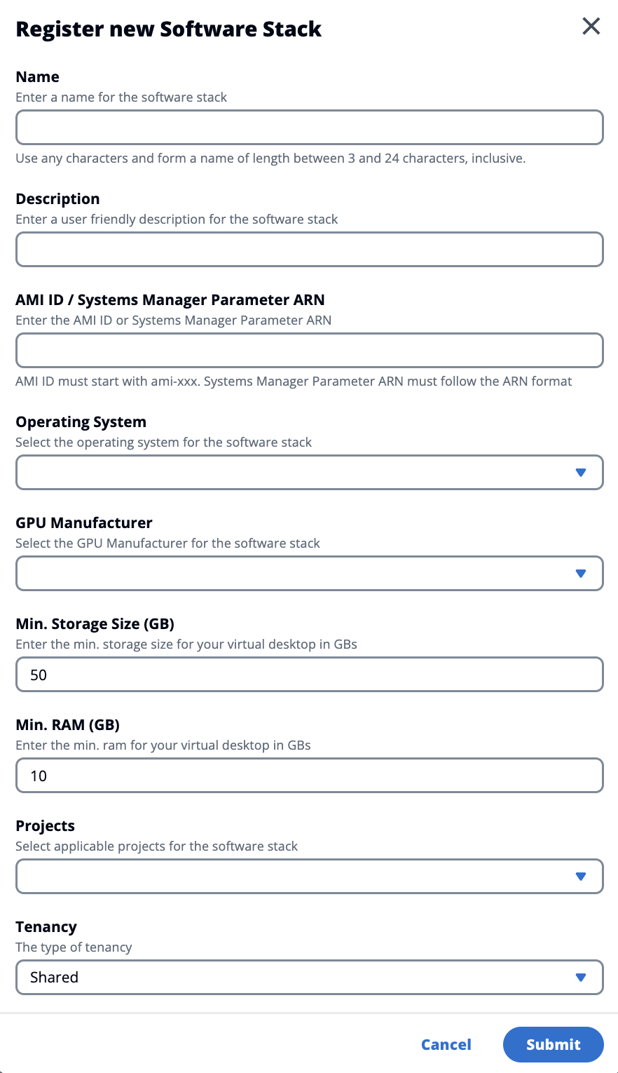 시작된 VDIs의 테넌시 유형을 선택할 수 있는 관리자 콘솔 팝업 페이지