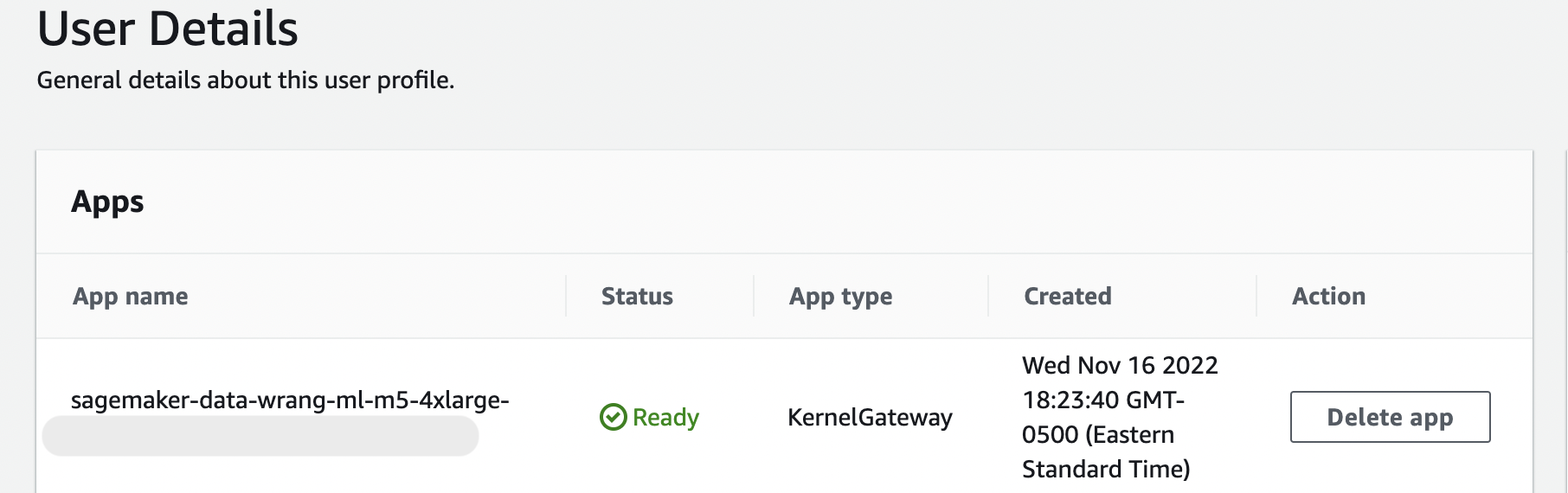사용자 세부 정보 페이지에서 KernelGateway 앱 상태가 준비 완료임을 보여주는 예시입니다.
