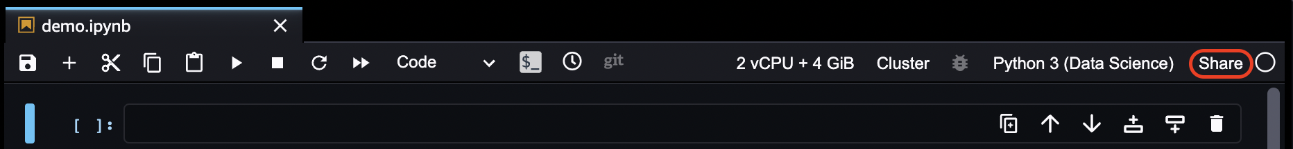 Studio Classic 노트북에서 공유 아이콘의 위치
