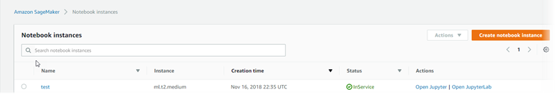 콘솔의 노트북 인스턴스 섹션 예시
