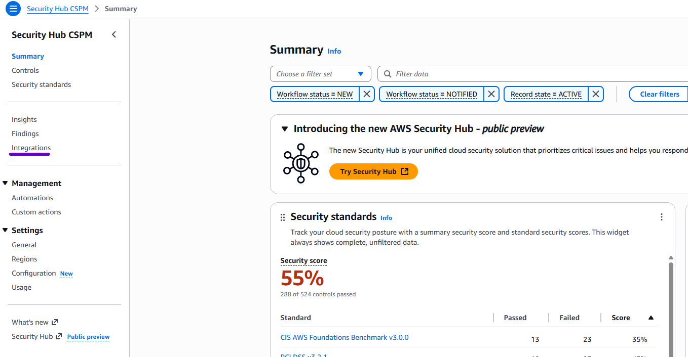 사용 가능한 타사 통합을 보여주는 Security Hub CSPM 통합 페이지입니다.