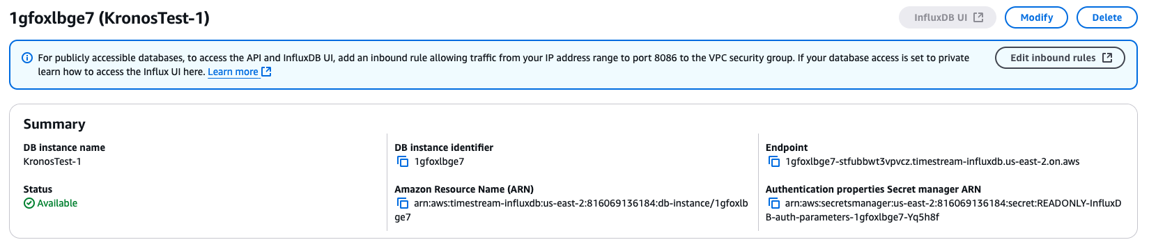 프라이빗 InfluxDB 데이터베이스의 세부 정보를 보여주는 요약 인터페이스입니다. InfluxDB UI 버튼이 비활성화되어 있습니다.