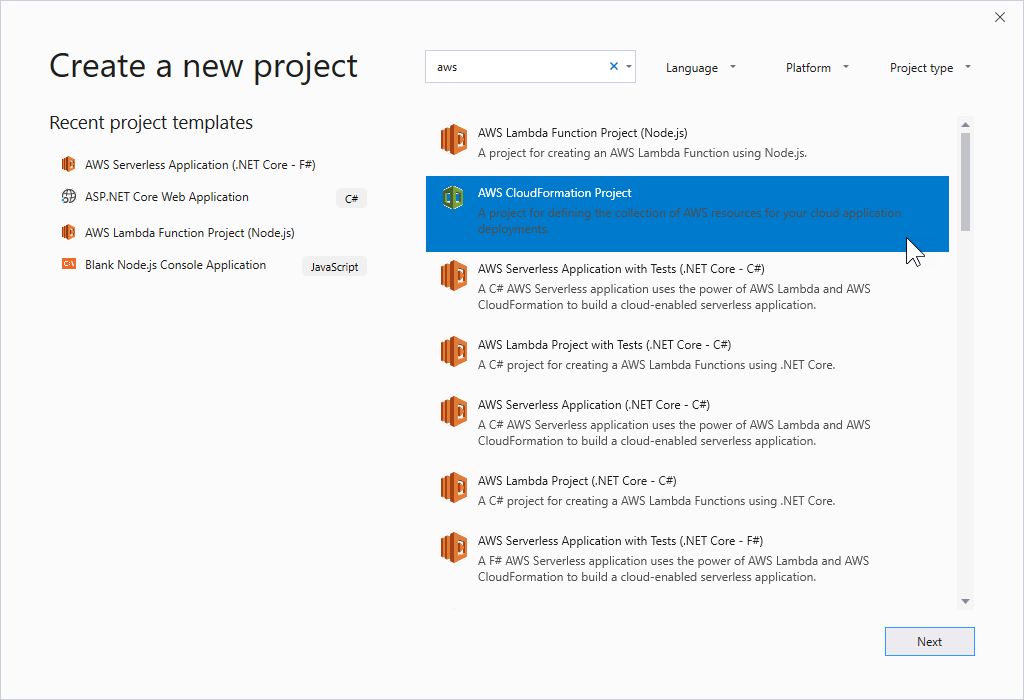 Project template options for AWS 서비스, including Lambda, CloudFormation, and Serverless applications.