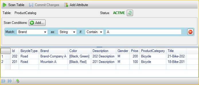 Product catalog table with scan conditions interface showing bicycle data entries.