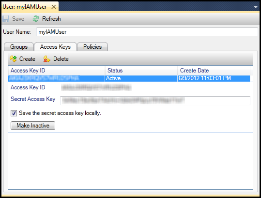 Access Keys tab showing an active key with ID, status, creation date, and secret key options.