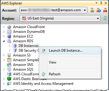 AWS Explorer window showing Amazon RDS with context menu option to Launch DB Instance.