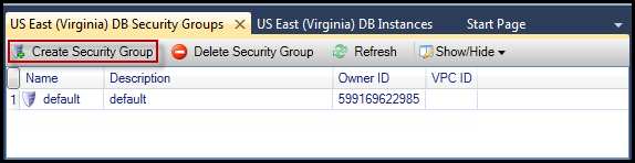 Database security groups interface showing options to create, delete, and refresh groups.