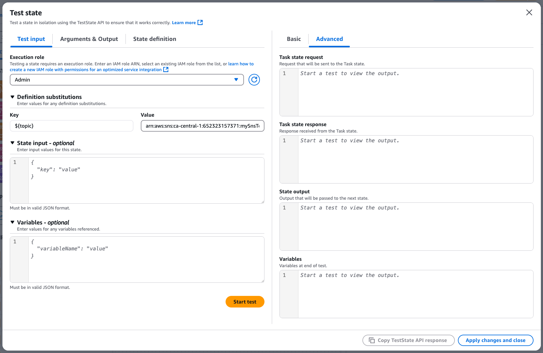 AWS 도구 키트의 Workflow Studio 테스트 상태 UI