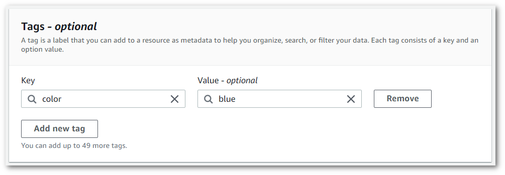 Amazon Transcribe 콘솔 스크린샷: 예시 태그를 보여주는 '태그' 패널.