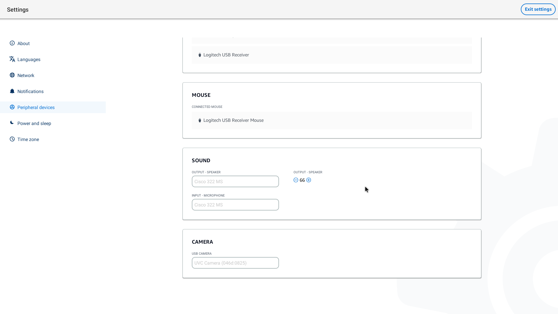 Settings interface showing connected Logitech USB devices, sound settings, and a USB camera.
