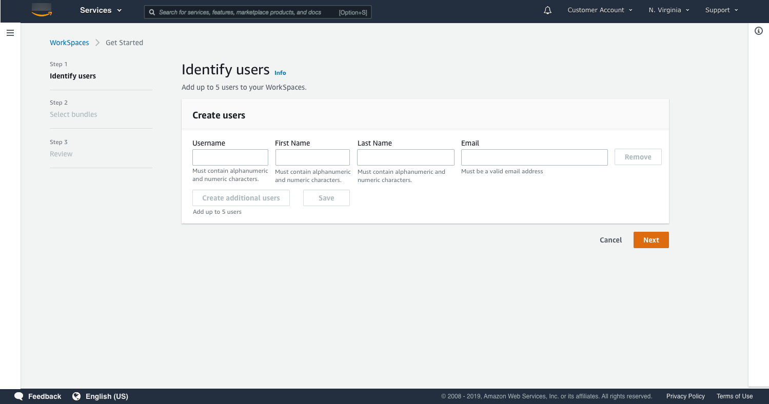 User creation form for WorkSpaces with fields for username, first name, last name, and email.