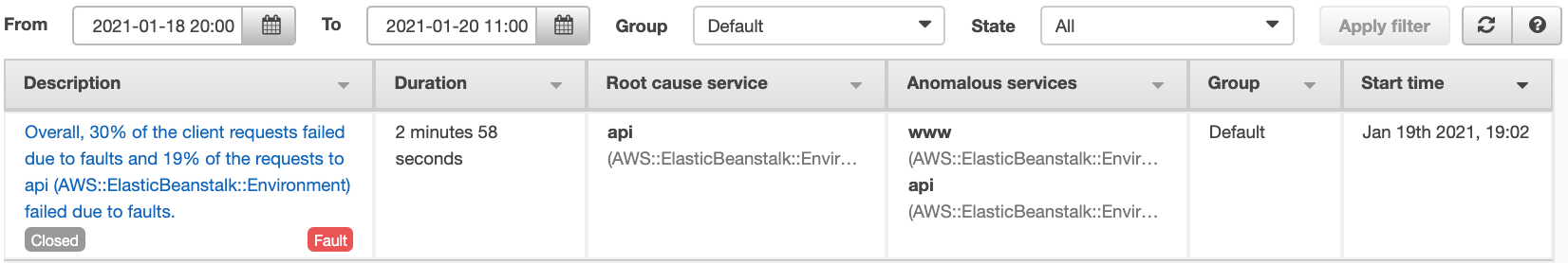 X-Ray 콘솔의 인사이트 목록