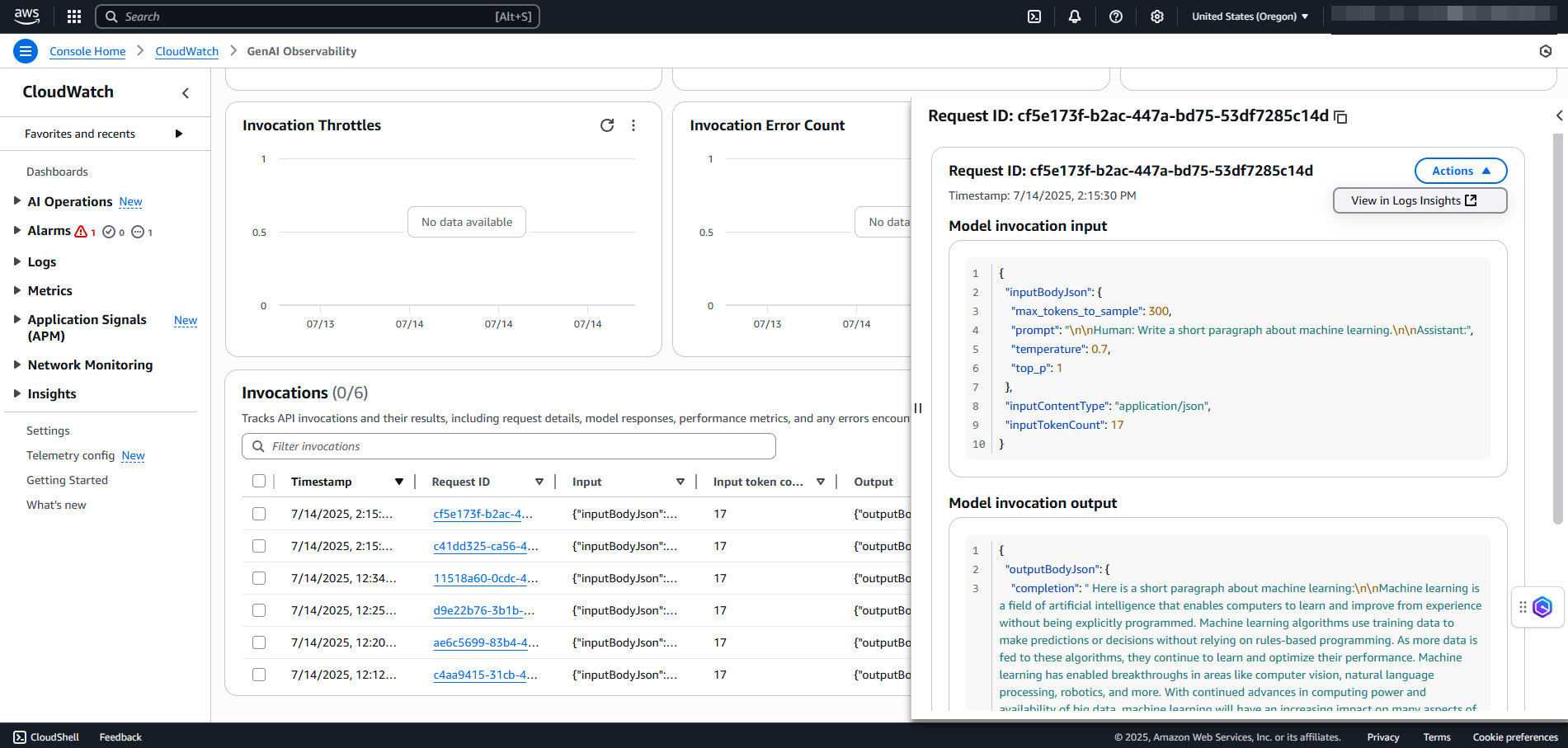Invocação de modelos: visualização por ID da solicitação