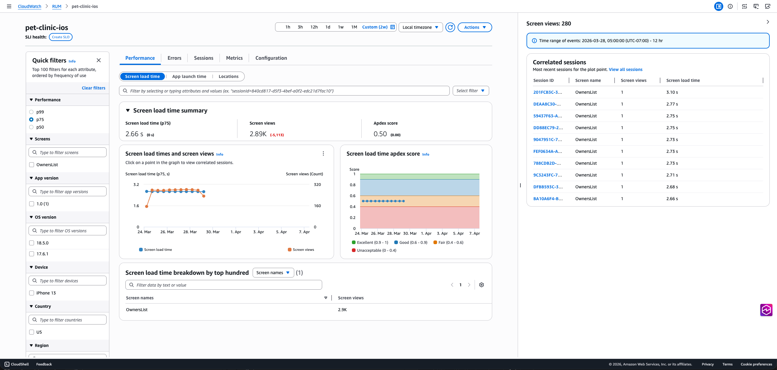 Guia Performance móvel mostrando os tempos de carregamento de tela, os tempos de inicialização da aplicação e as pontuações do Apdex com o painel de diagnóstico