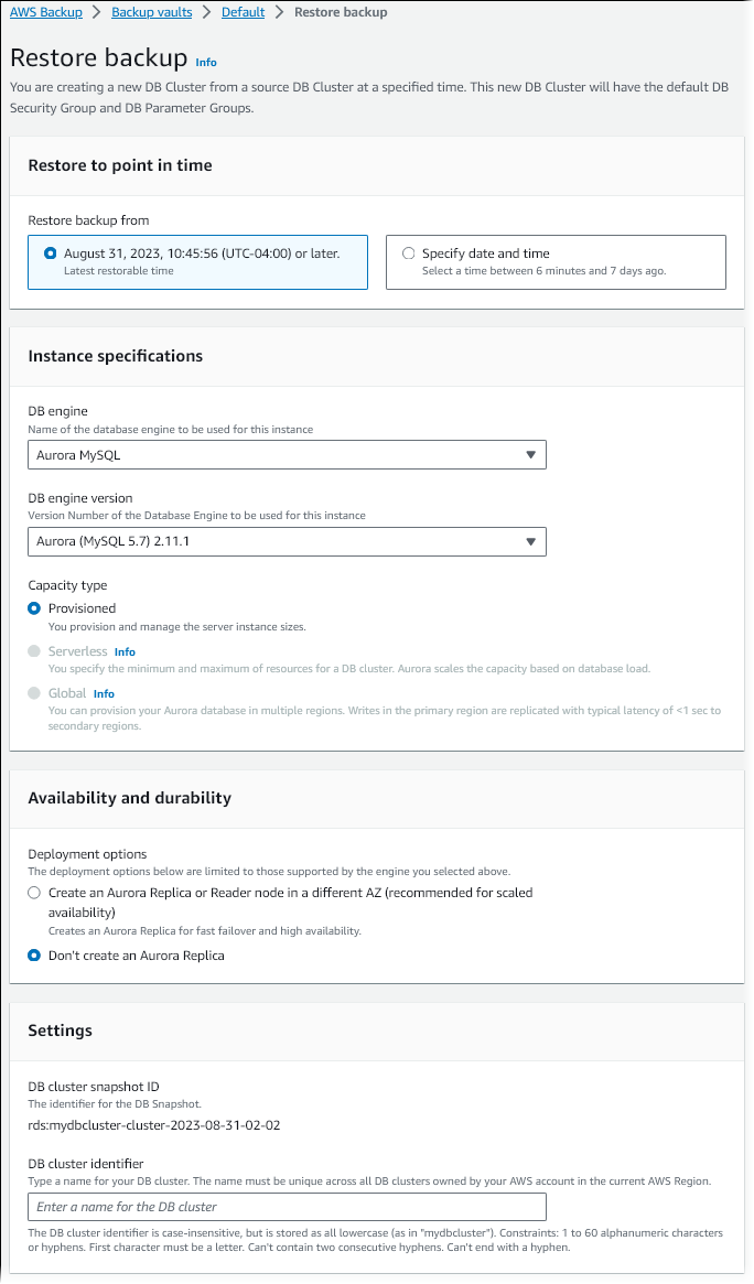 Restaure a página de backup para recuperação para um ponto no tempo (PITR).