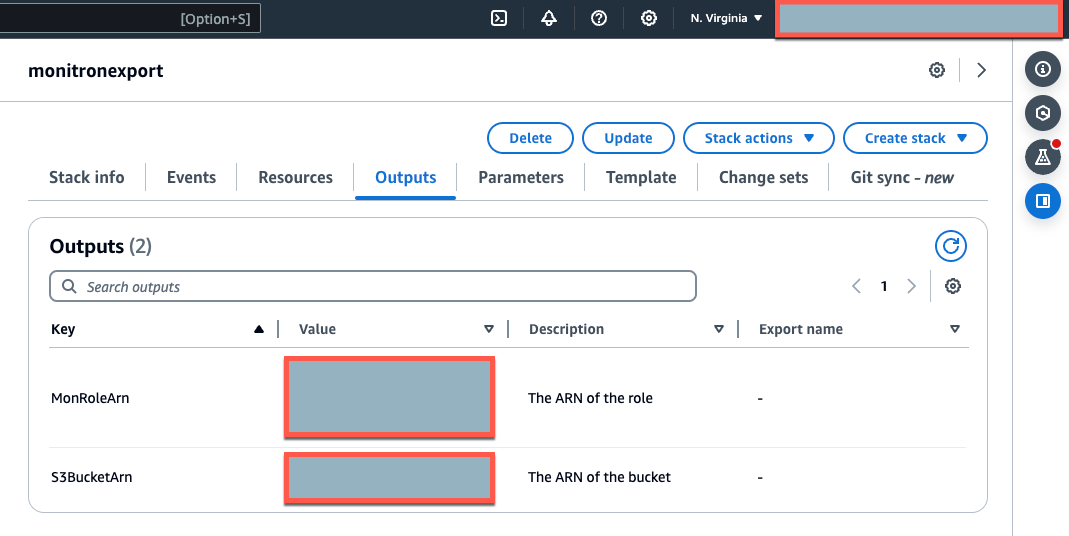 CloudFormation stack outputs page showing MonRoleArn and S3BucketArn with descriptions.