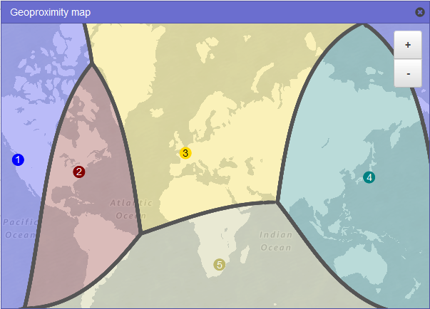 Um mapa do mundo que mostra como o tráfego é roteado quando você tem registros de geoproximidade para recursos no Oeste dos Regiões da AWS EUA (Oregon), Leste dos EUA (Norte da Virgínia), Europa (Paris) e Ásia-Pacífico (Tóquio), e você tem um registro de um não AWS recurso em Joanesburgo, África do Sul.