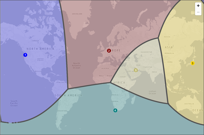 Um mapa do mundo que mostra como o tráfego é roteado quando você tem registros de geoproximidade para recursos nas Regiões da AWS Oeste dos EUA (Oregon), Europa (Frankfurt), Ásia-Pacífico (Tóquio), África (Cidade do Cabo) e Oriente Médio (Bahrein).