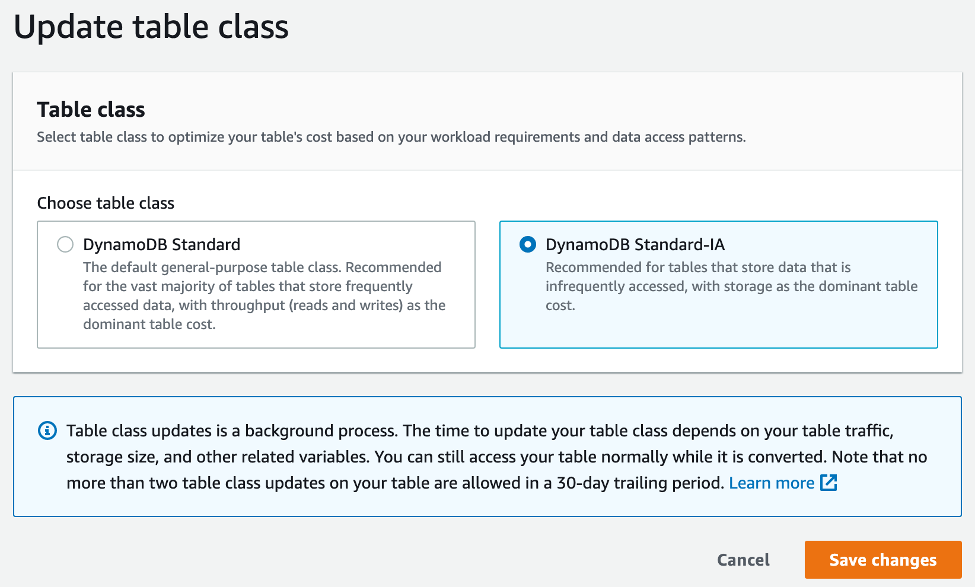Opções de classe de tabela do DynamoDB. Nessa imagem, a classe de tabela DynamoDB Standard-IA está selecionada.