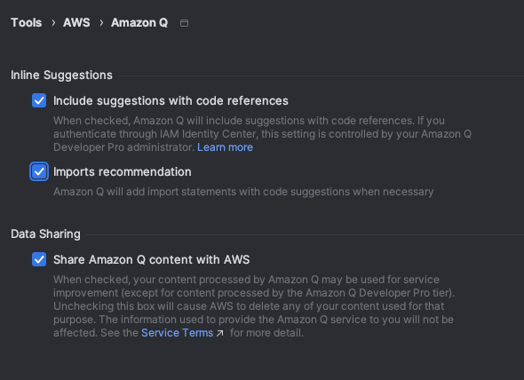 Opções para compartilhar dados do Amazon Q em VS Code.