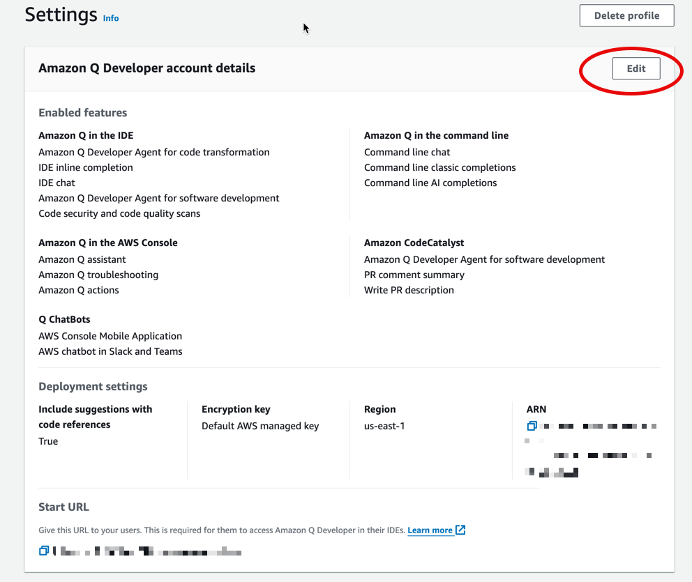 A página de configurações do console do Amazon Q Developer