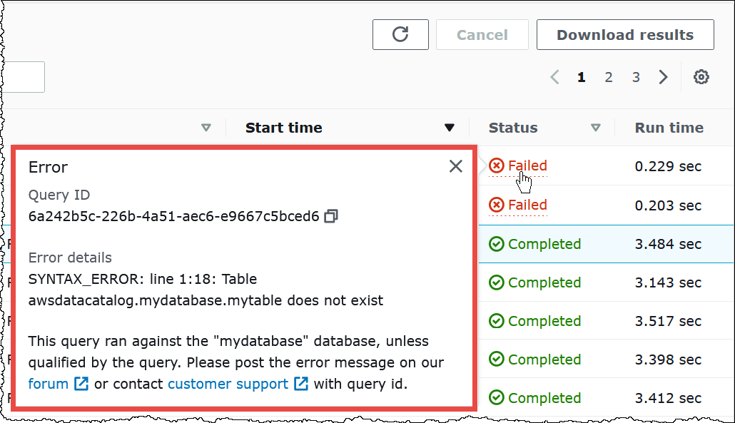Selecione o link Failed (Com falha) Link para uma consulta para visualizar informações sobre a falha.