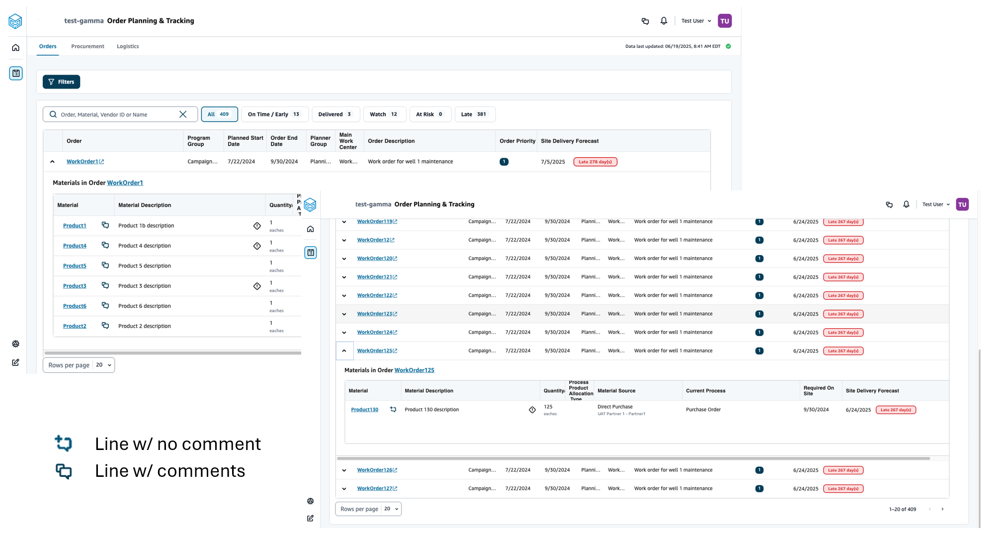 Recurso de comentários na página Pedidos