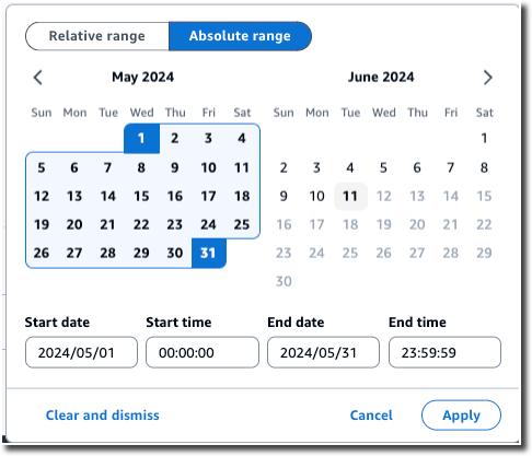 Escolha o intervalo absoluto para armazenamento de dados de eventos