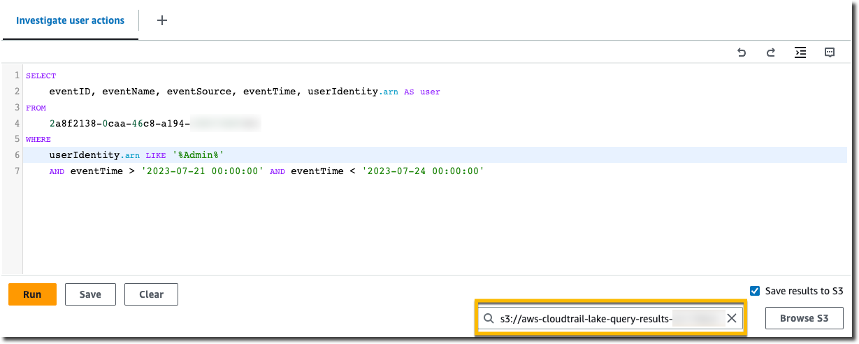 Bucket S3 escolhido para os resultados de consulta salvas.