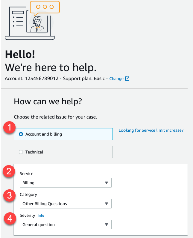 Interface para criar casos de suporte no AWS Support Center Console.