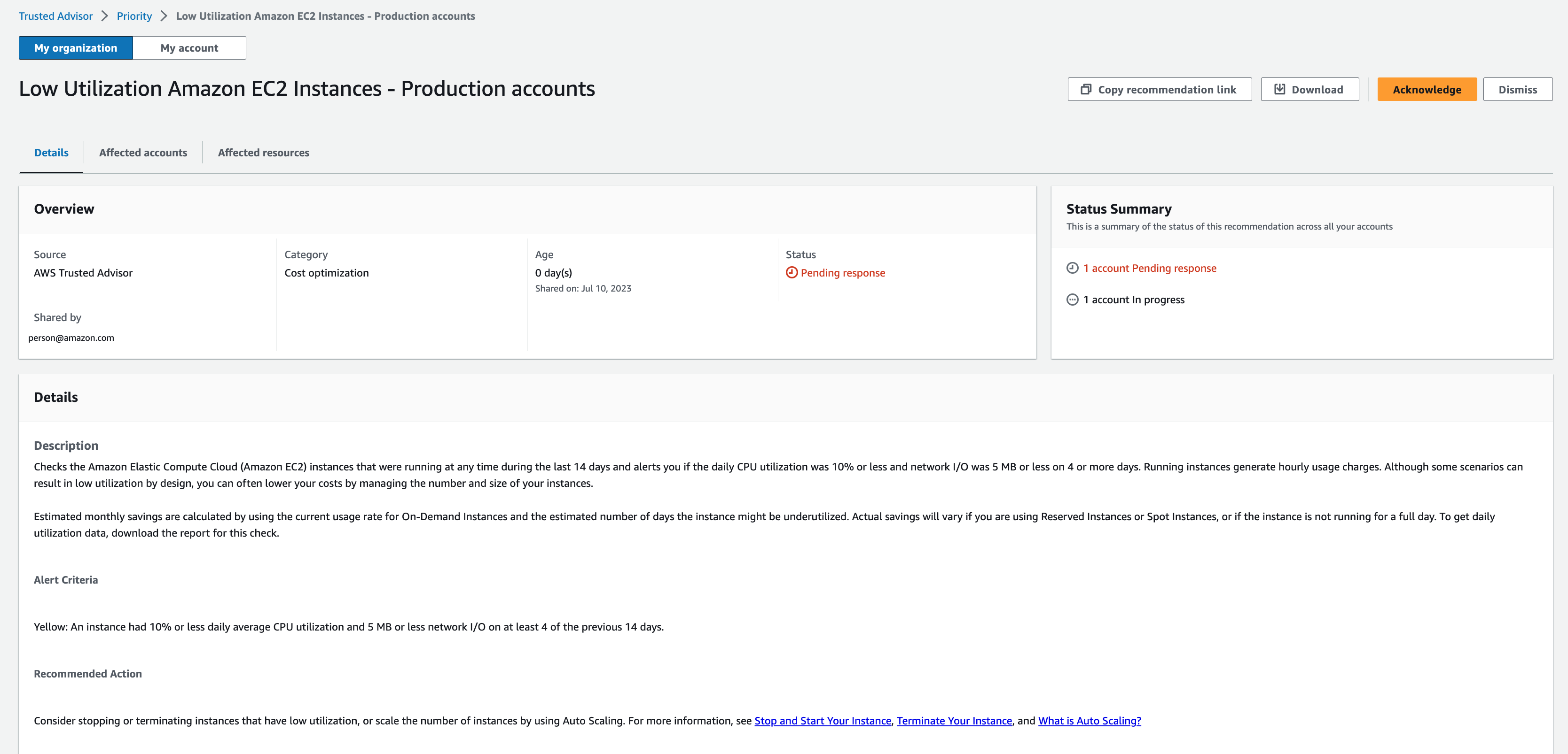 Uma recomendação na página do console Trusted Advisor Priority que está pendente de resposta.