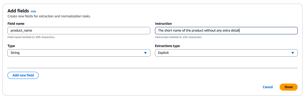 Console mostrando como adicionar “Nome do campo” e “Instrução”. “Type” está definido como “String” e “Extraction type” está definido como “Explicit”.