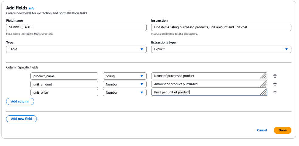 Console mostrando como adicionar “Nome do campo” e “Instrução”. “Type” está definido como “Table”, “Extraction type” está definido como “Explicit” e os campos específicos da coluna que são adicionados são mostrados.