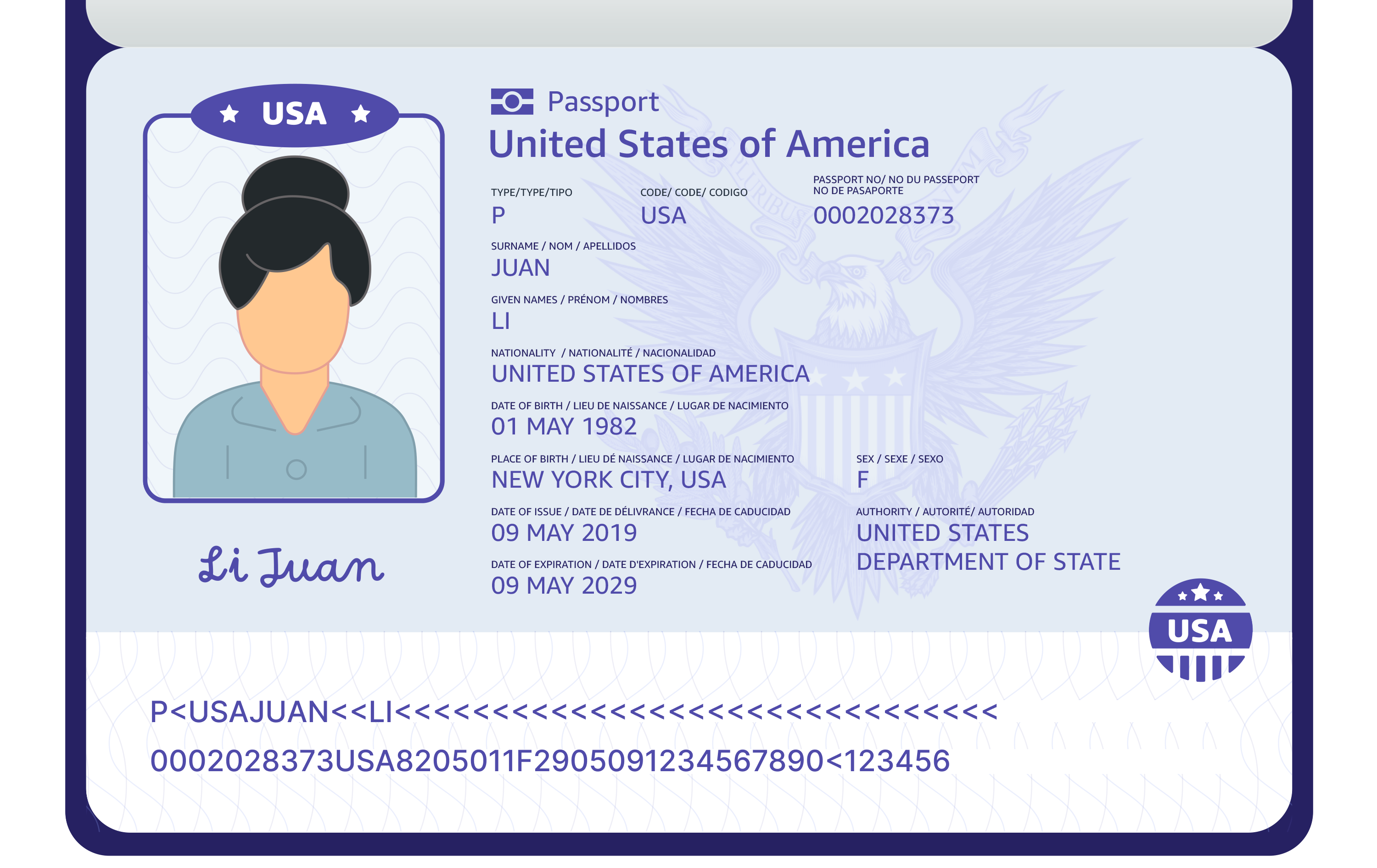 Exemplo de passaporte com campos padrão, demonstrando o layout e os campos de dados que serão extraídos.