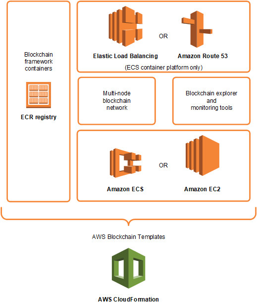 AWS Blockchain Templates components: ECR registry, load balancing, network, tools, and compute options.