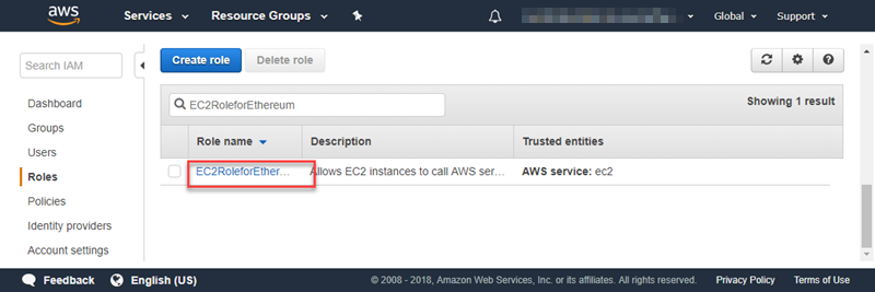 AWSIAM interface showing a role named EC2RoleforEther with associated description and trusted entity.