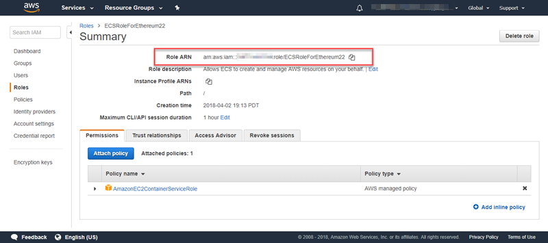 AWSIAM role summary page showing role ARN, description, and attached policies.