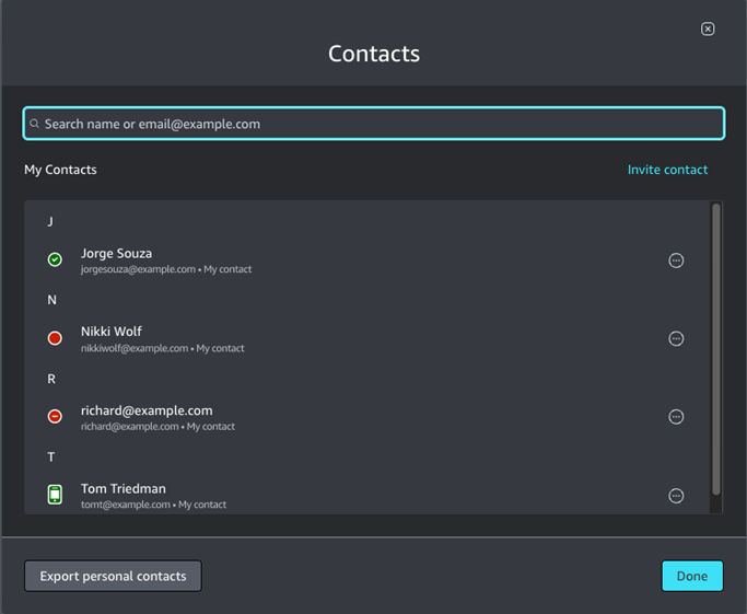 Nome de arquivo de exemplo: Amazon_Chime_ (Arnav Desai) _personal_contacts.csv
