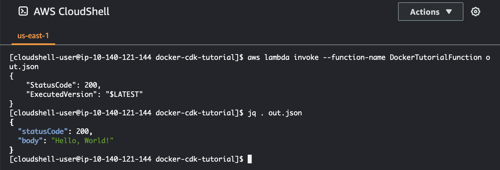 Imagem do comando usado para invocar a função do Lambda.