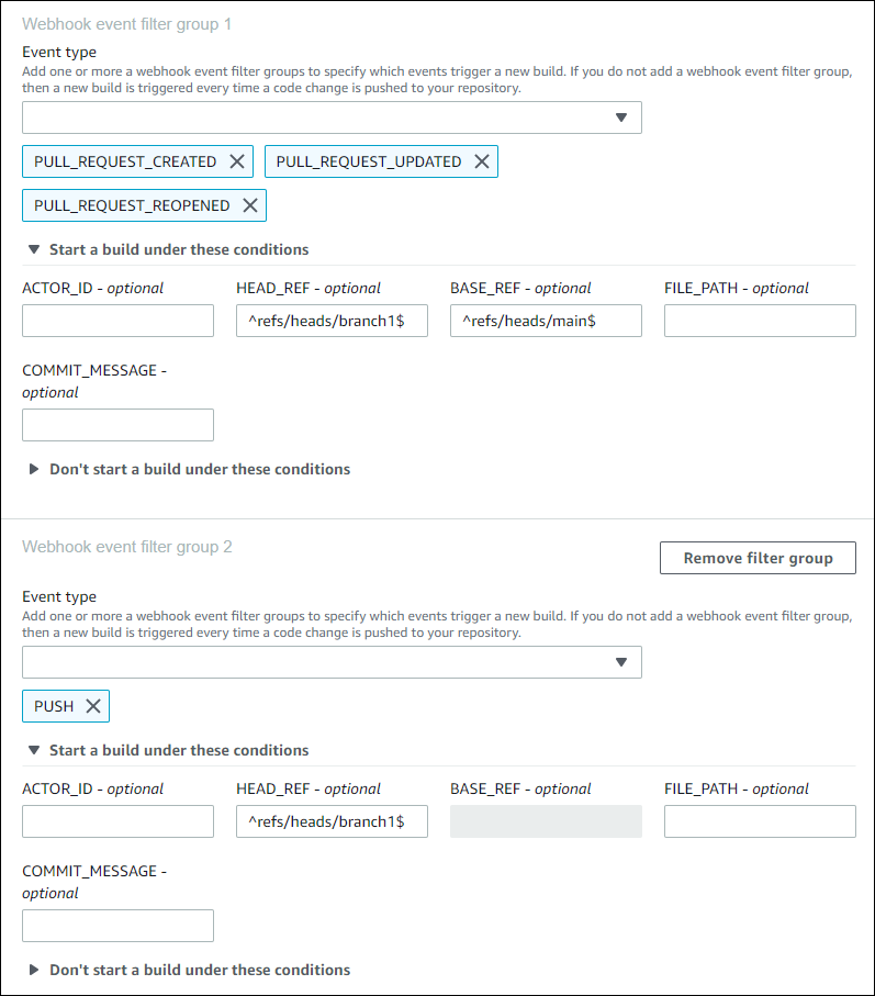Um exemplo de dois grupos de filtros.
