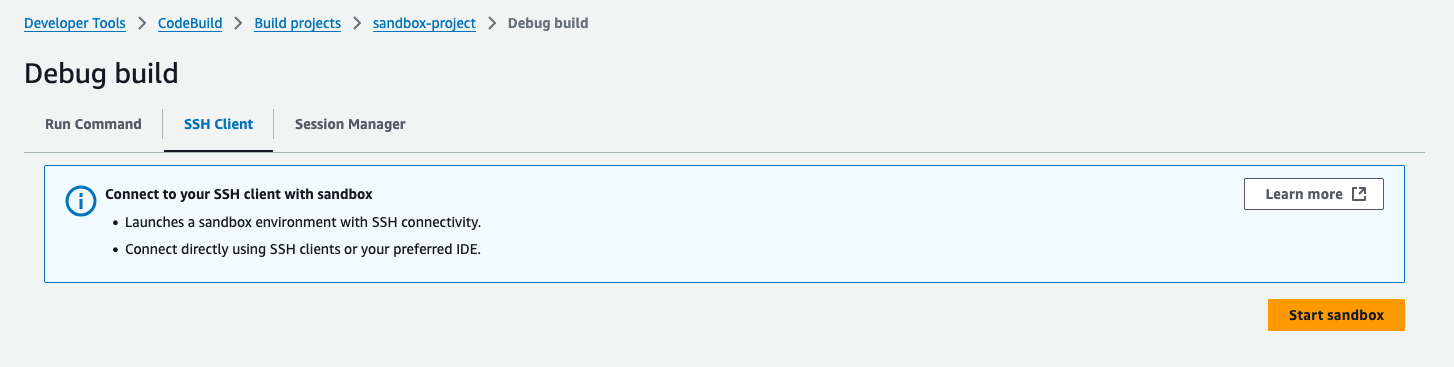 A guia “Cliente SSH” no console com o botão “Iniciar sandbox”.