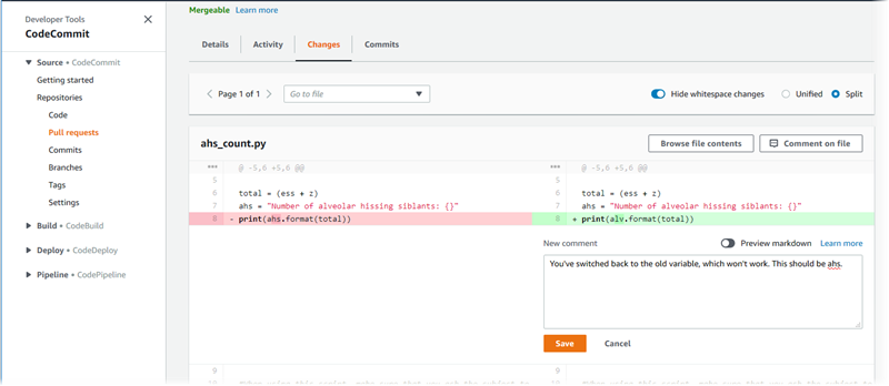 Adicionar um comentário em um linha em uma solicitação pull.